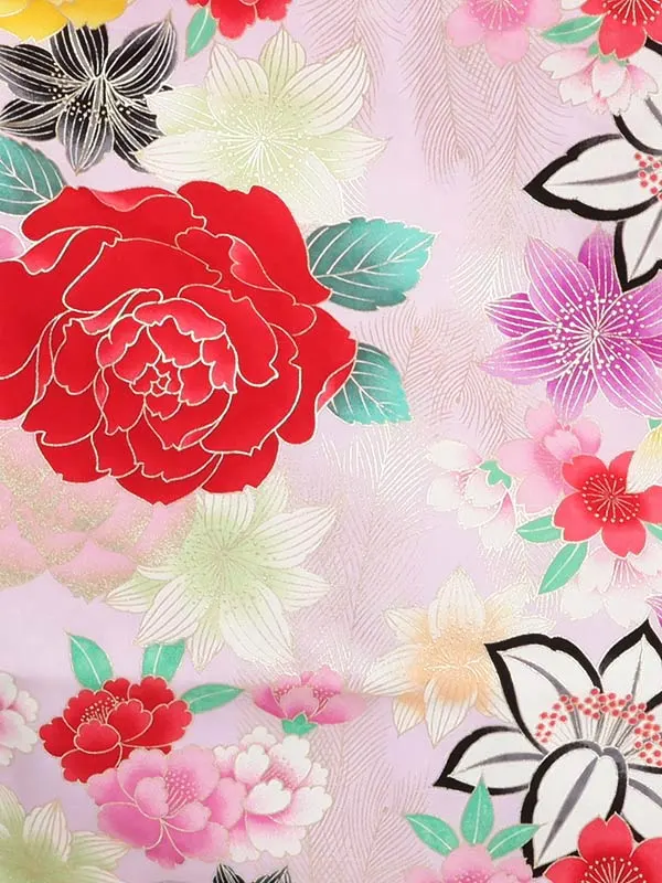 ジュニア袴(女児)薄紫地大輪バラ柄×ピンク袴 1331