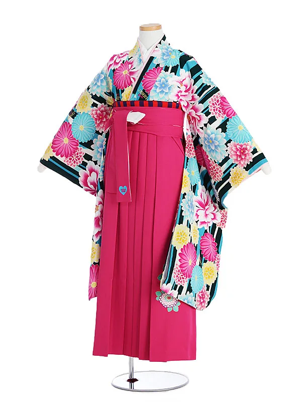 小学生卒業袴 JENNI love 緑地菊柄×ピンク袴1334