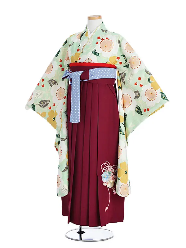 小学生卒業袴 ポンポネット緑地梅柄×エンジ袴1336
