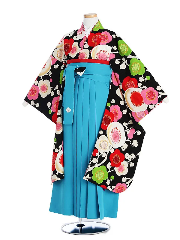 小学生卒業袴 紅一点 黒地椿柄×青袴1337