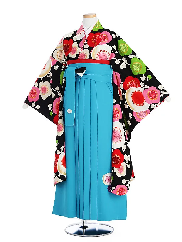 小学生卒業袴 紅一点 黒地椿柄×青袴1337