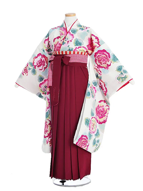 小学生卒業袴 メゾピアノ 白地薔薇柄×えんじ袴1338