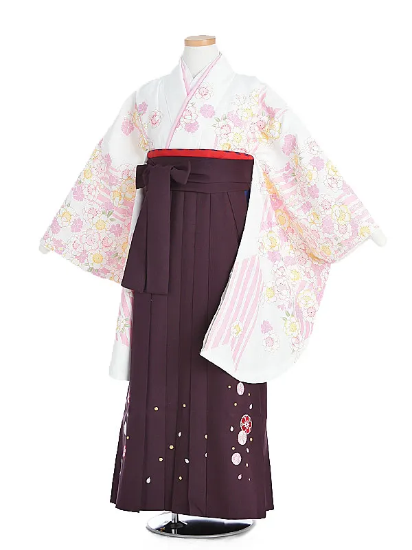 小学生卒業袴 夢千代 白地花柄×紫袴1339