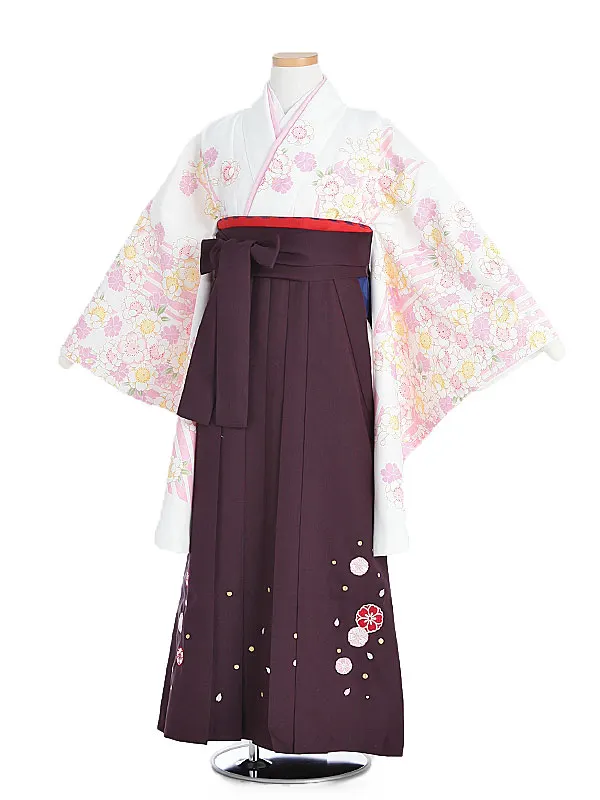 小学生卒業袴 夢千代 白地花柄×紫袴1339