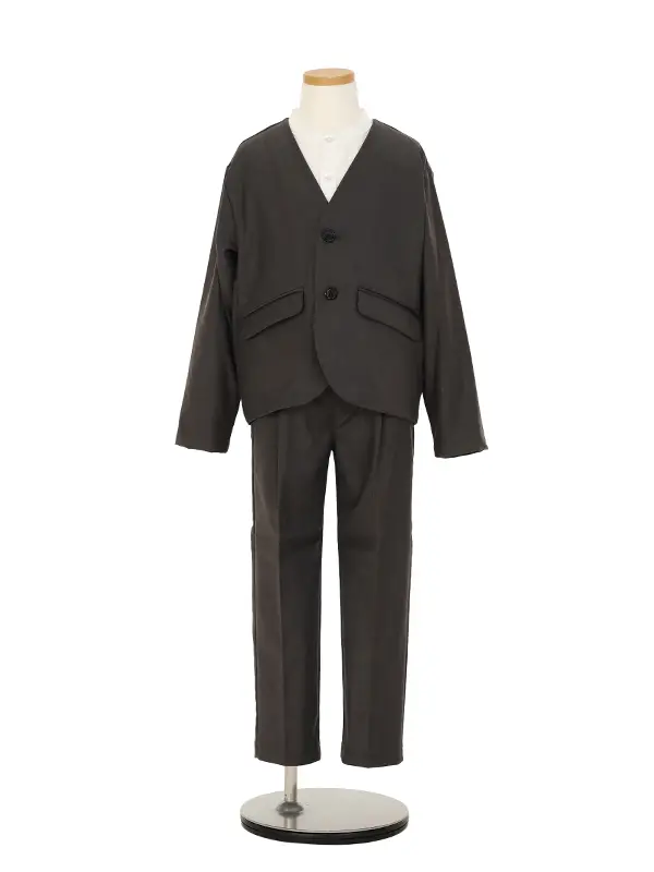 [入学スーツ]長ズボン/グレー ノーカラースーツ/蝶ネクタイ/S004