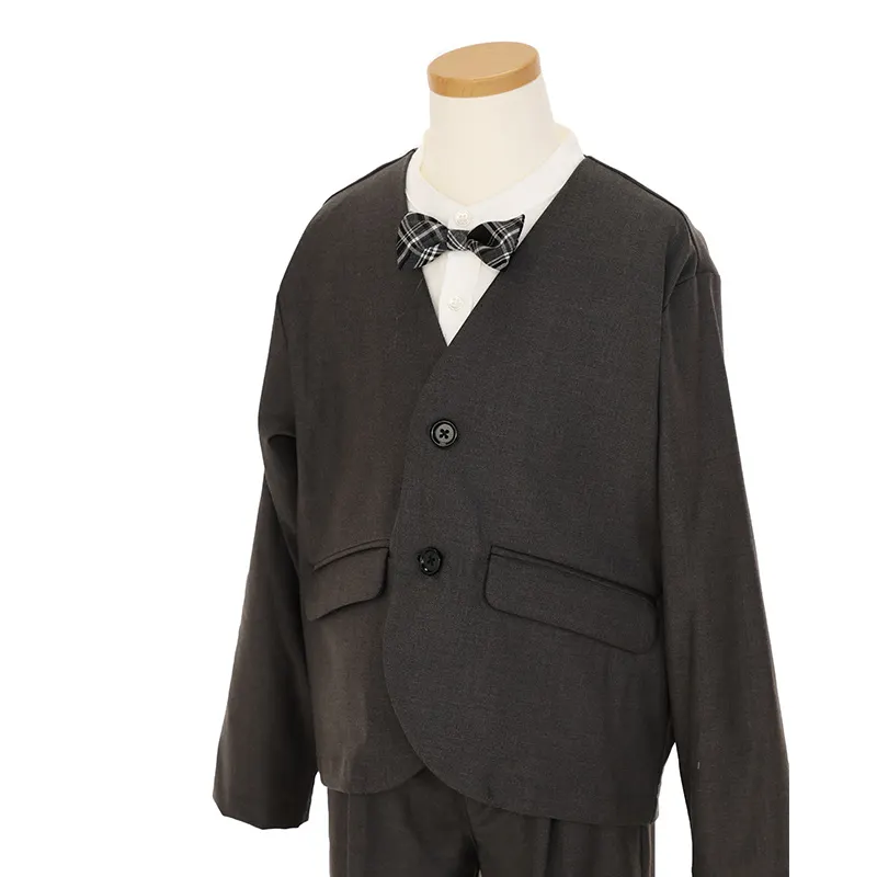 [入学スーツ]長ズボン/グレー ノーカラースーツ/蝶ネクタイ/S004