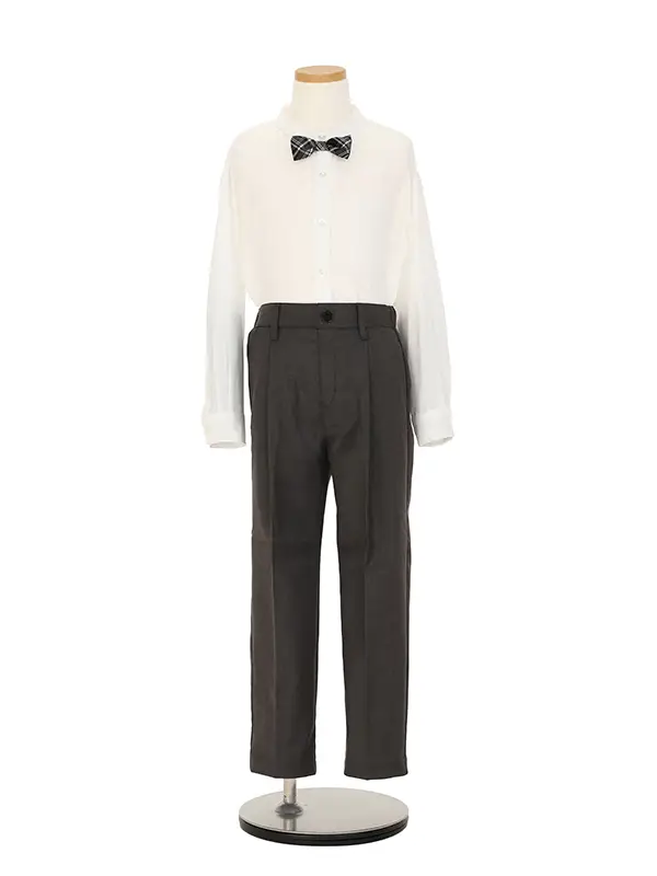 [入学スーツ]長ズボン/グレー ノーカラースーツ/蝶ネクタイ/S004