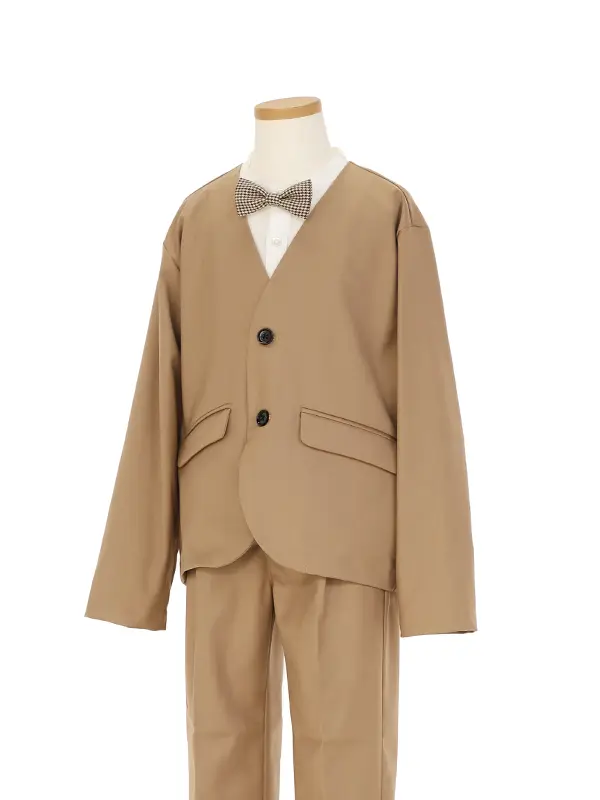 [入学スーツ]長ズボン/ベージュ ノーカラースーツ/蝶ネクタイ/S005