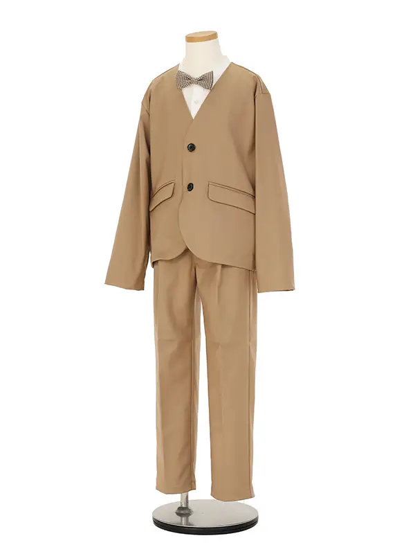[入学スーツ]長ズボン/ベージュ ノーカラースーツ/蝶ネクタイ/S005