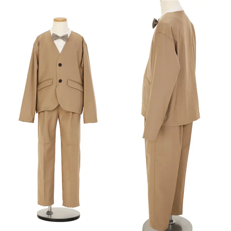 [入学スーツ]長ズボン/ベージュ ノーカラースーツ/蝶ネクタイ/S005