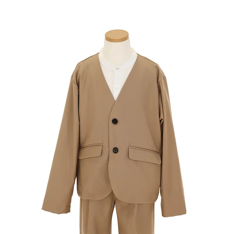 [入学スーツ]長ズボン/ベージュ ノーカラースーツ/蝶ネクタイ/S005