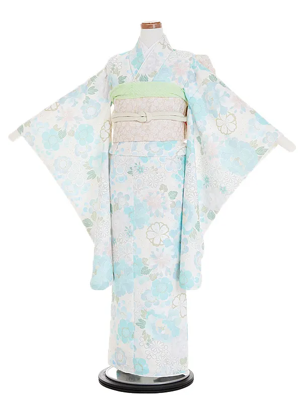 1/2成人式ｼﾞｭﾆｱ着物 水色 梅 四季の花々 1006