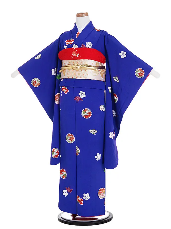 ジュニア着物(8歳,9歳)女の子 ちりめん 袋帯 紺 毬 折鶴 1008