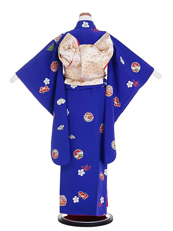 ジュニア着物(8歳,9歳)女の子 ちりめん 袋帯 紺 毬 折鶴 1008