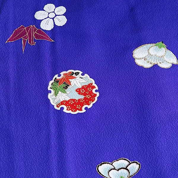 ジュニア着物(8歳,9歳)女の子 ちりめん 袋帯 紺 毬 折鶴 1008