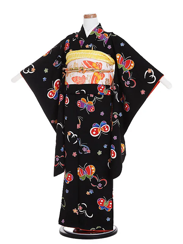 ジュニア着物(8歳,9歳)女の子 ちりめん 袋帯 黒蝶 黒1009