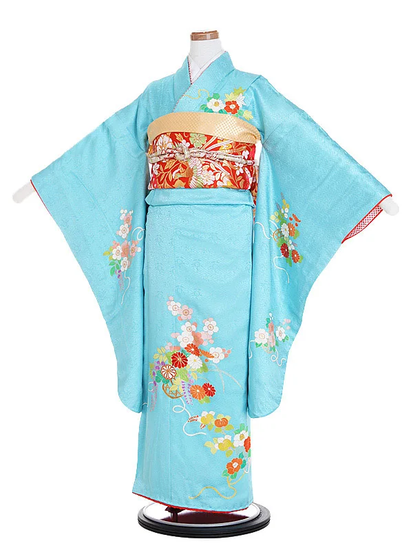 アンティーク ジュニア着物(8歳,9歳)女の子 水色 袋帯 1010