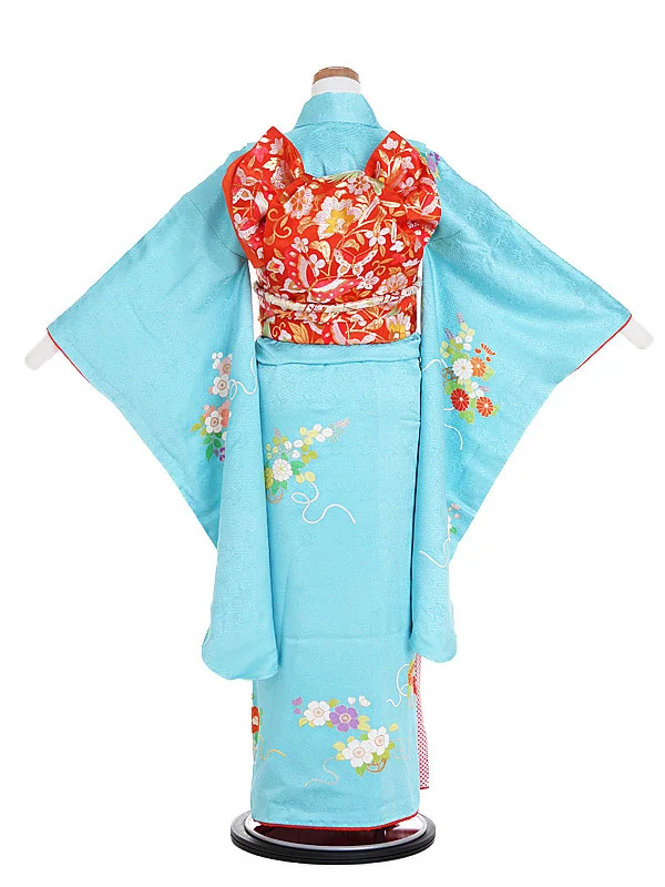 アンティーク ジュニア着物(8歳,9歳)女の子 水色 袋帯 1010