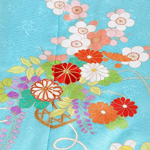 アンティーク ジュニア着物(8歳,9歳)女の子 水色 袋帯 1010