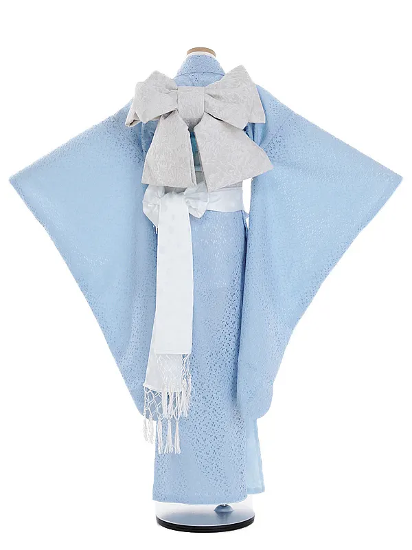 ジュニア着物 レース ブルー 結び帯 8001