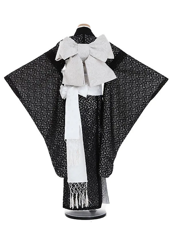 ジュニア着物 レース 黒 結び帯 8004