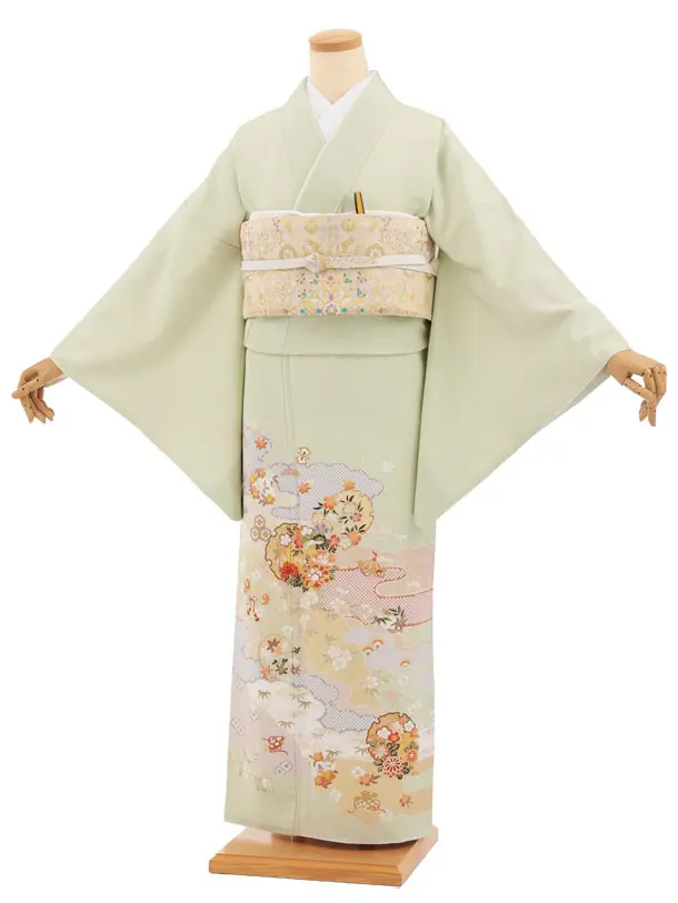 色留袖レンタルQ0761 ヒワ色雲取り霞に雪輪