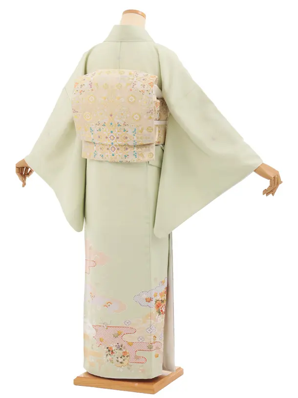 色留袖レンタルQ0761 ヒワ色雲取り霞に雪輪