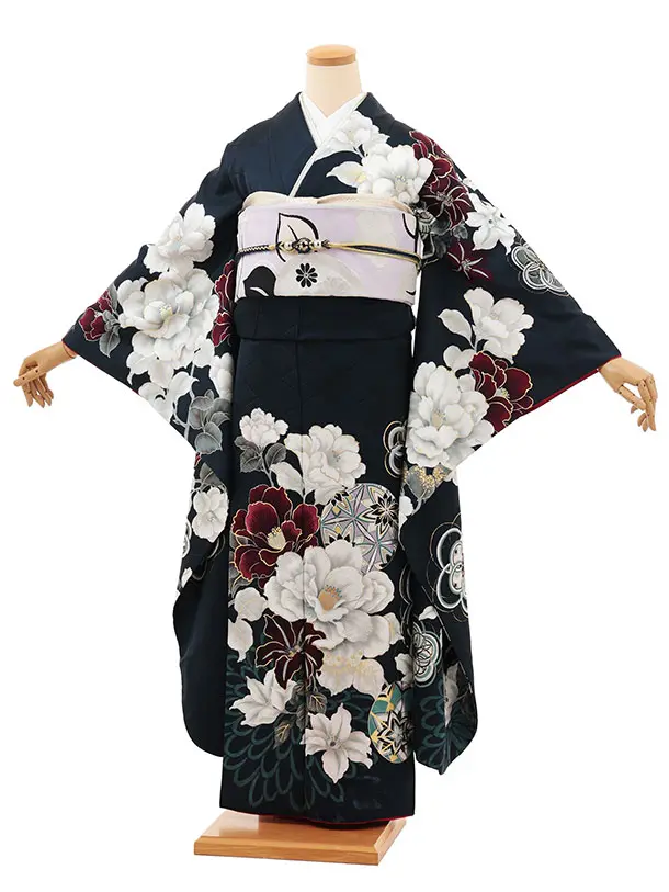 振袖レンタル1477 紺地 鞠に八重桜