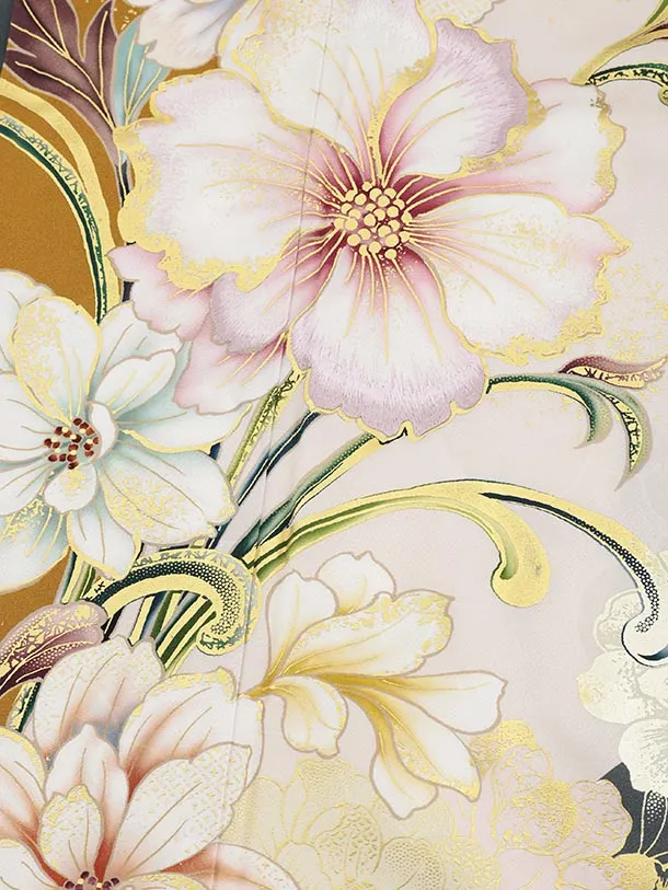 振袖レンタル1484 マスタードグレー 洋花