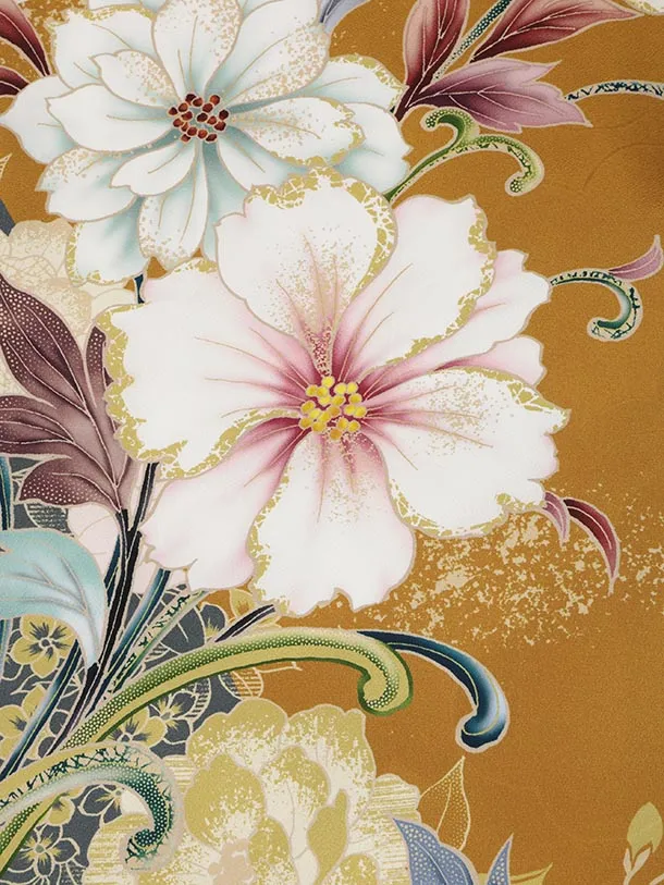 振袖レンタル1484 マスタードグレー 洋花