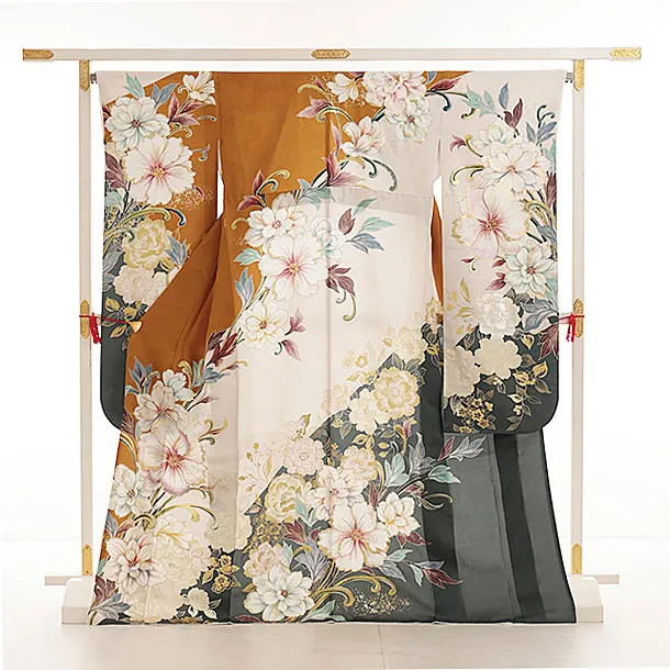 振袖レンタル1484 マスタードグレー 洋花
