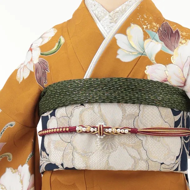 振袖レンタル1484 マスタードグレー 洋花