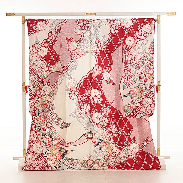 振袖レンタル1491 白赤 熨斗に牡丹