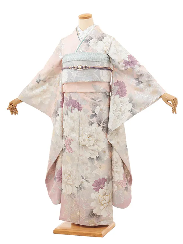 振袖レンタル1493 パステルピンク 牡丹