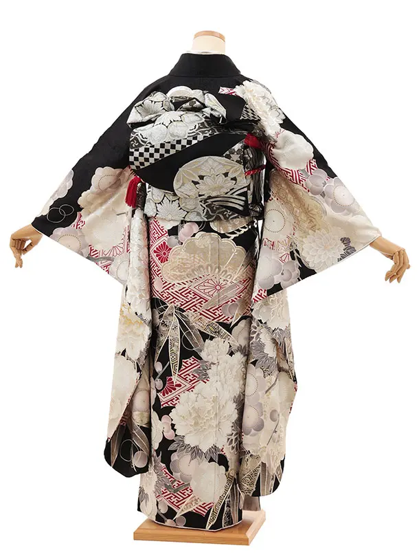振袖レンタル1494 黒地 梅菊 牡丹