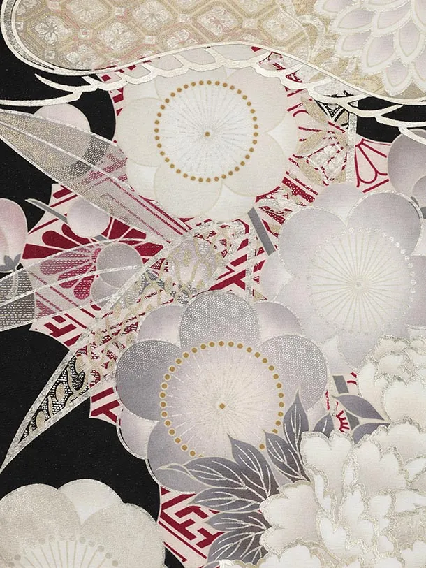 振袖レンタル1494 黒地 梅菊 牡丹