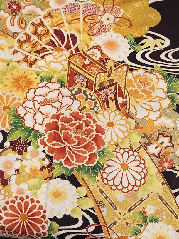 振袖レンタル1499 こげ茶 御所車に花
