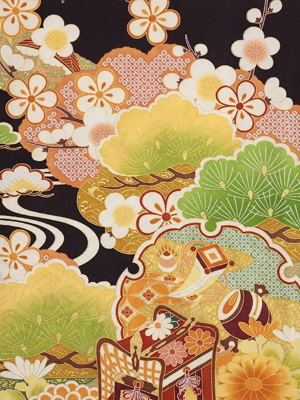 振袖レンタル1499 こげ茶 御所車に花