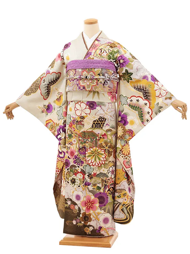 振袖レンタル1502 ペールグリーン 貝桶 花づくし