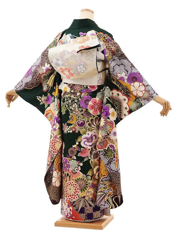 振袖レンタル1505 深緑地 雪輪に椿