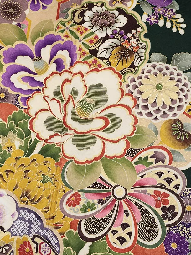 振袖レンタル1505 深緑地 雪輪に椿