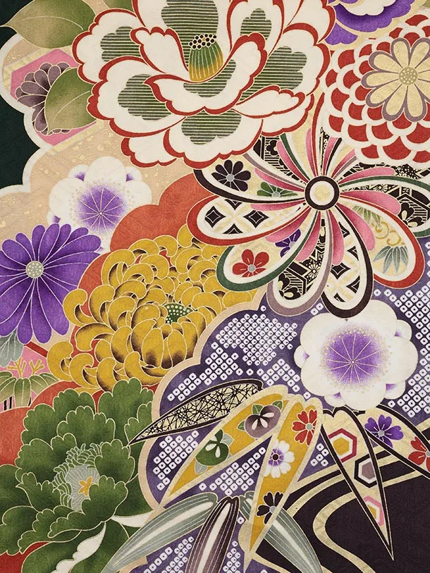 振袖レンタル1505 深緑地 雪輪に椿