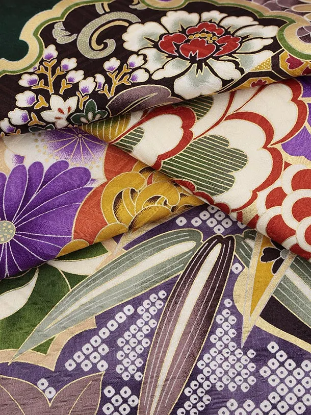 振袖レンタル1505 深緑地 雪輪に椿