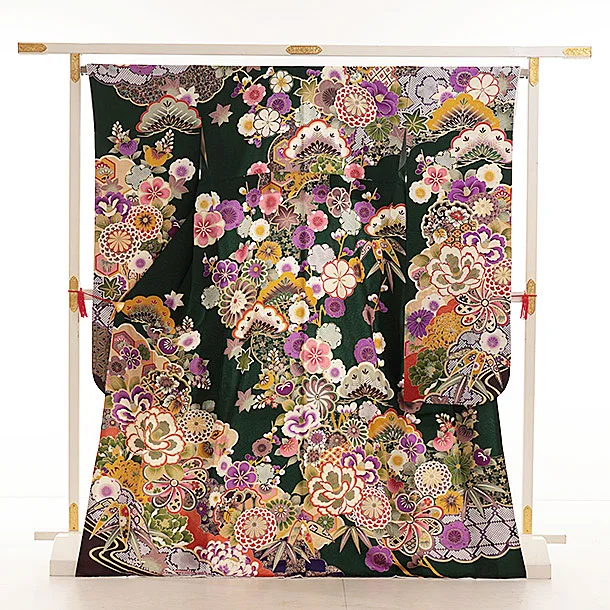 振袖レンタル1505 深緑地 雪輪に椿