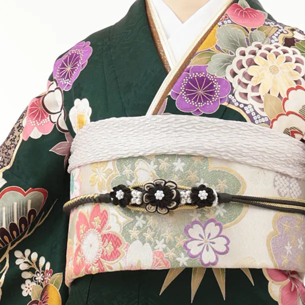 振袖レンタル1505 深緑地 雪輪に椿