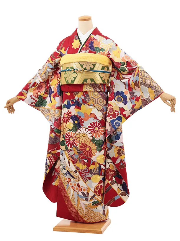 振袖レンタル1506 赤地 古典花におしどり