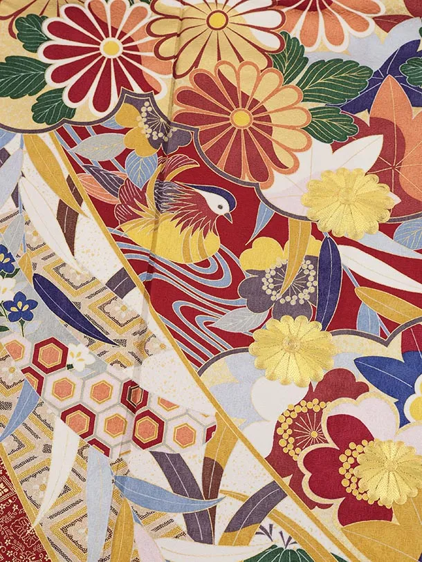 振袖レンタル1506 赤地 古典花におしどり