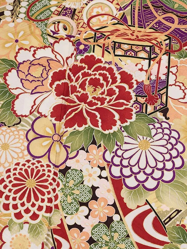 振袖レンタル1512 赤地 貝桶に鞠牡丹