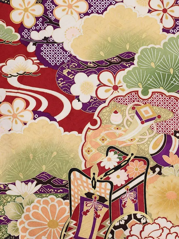 振袖レンタル1512 赤地 貝桶に鞠牡丹