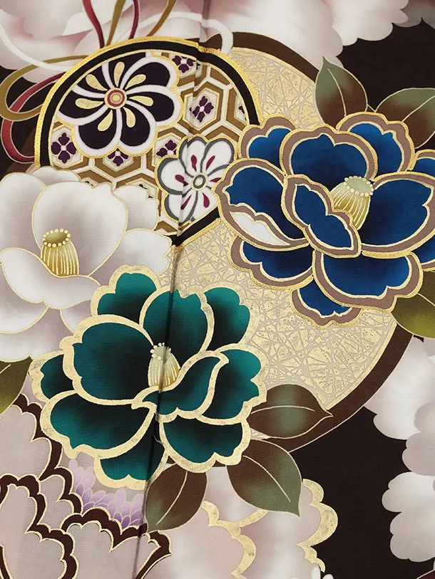 振袖レンタル1520 こげ茶 鞠に椿牡丹